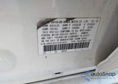 2005 Acura Tsx from USA, damaged, VIN JH4CL96845C014235